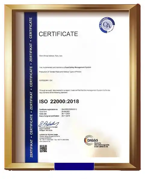 ISO 22000:2018 Certificate - Rowyal Tomato Paste Factory